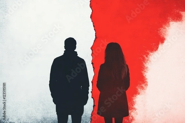Fototapeta Silhouette of a man and woman standing back-to-back, separated by a symbolic crack in a red and white wall. A poignant image representing separation or heartbreak.