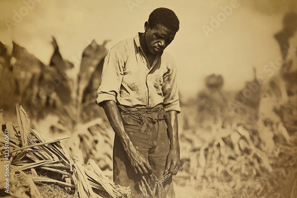 Fototapeta old photo of poor starving black slave from african colonial times hard working on american plantation, generative AI