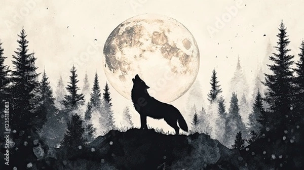 Fototapeta With pine trees all around, a wolf howling at the moon creates a striking silhouette against a white backdrop.