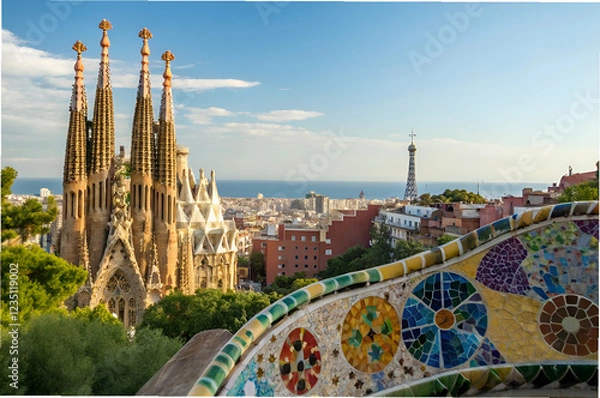 Obraz A stunning view of Barcelona featuring the Sagrada Familia and colorful mosaics, under a bright sky with the sea in the background.