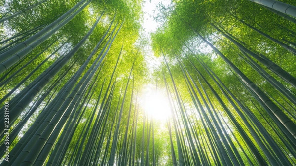 Fototapeta Tranquil bamboo forest in arashiyama kyoto illuminated by sunlight