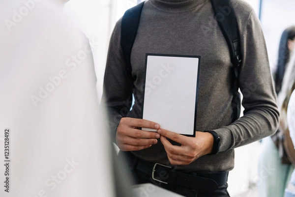 Fototapeta Man in a beige turtleneck holding a white sheet with a black frame for filling, no face shown