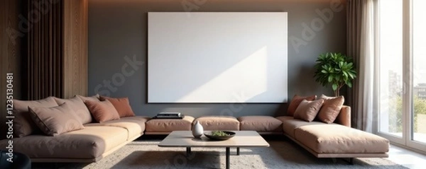 Obraz Modern sofa faces blank wall, projector screen implied, interior design, wall