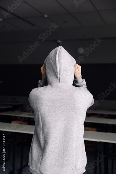 Fototapeta Gray hoodie with the hood up on a man, seen from behind, vertical photo on a dark background