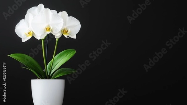 Obraz White orchids in pot, dark background, elegance, home decor
