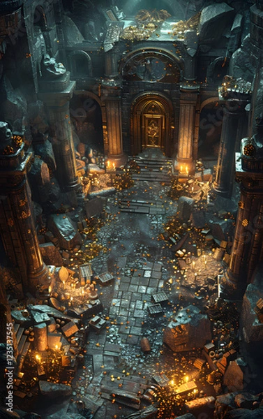 Fototapeta Isometric Fantasy Dungeon with Treasure Chests and Gold Coins for Game Development