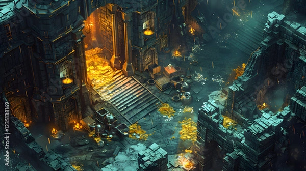 Fototapeta Isometric Fantasy Dungeon with Treasure Chests and Gold Coins for Game Development