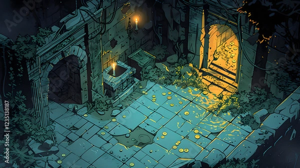Fototapeta Isometric Fantasy Dungeon with Treasure Chests and Gold Coins for Game Development