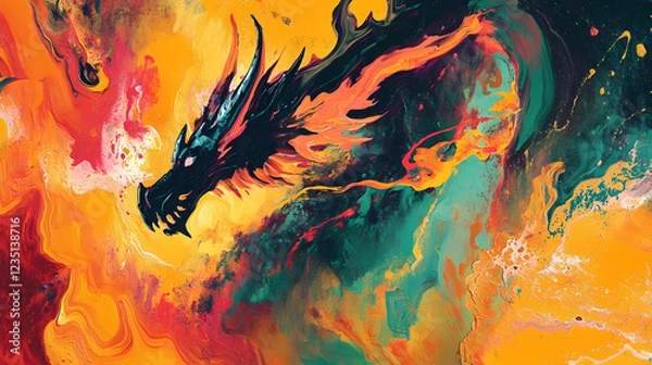 Fototapeta Dragon rendered in abstract expressionism style, using bold brushstrokes and vivid colors to convey the powerful and mythical essence of the dragon. Abstract Expressionism. Illustration