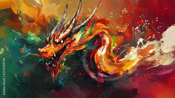 Fototapeta Dragon rendered in abstract expressionism style, using bold brushstrokes and vivid colors to convey the powerful and mythical essence of the dragon. Abstract Expressionism. Illustration