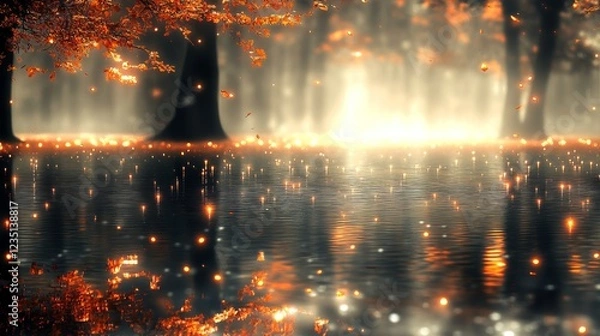 Fototapeta A misty forest scene in autumn, with glowing reflections on water and falling leaves, creating a serene and mystical atmosphere reminiscent of a fairy tale landscape.