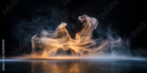 Fototapeta Mystical mist. Swirling smoke in dark and light symphony. Fluid fantasia. Abstract dance of fog and light on floor along with black backgdrop