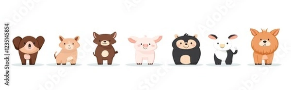 Fototapeta Seven adorable cartoon farm animals standing in a row