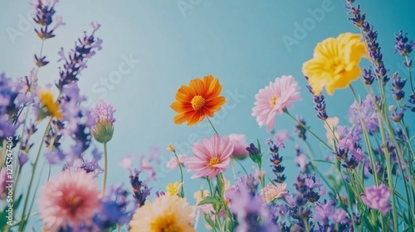 Fototapeta Colorful wildflowers on a blue background, a flat lay composition, top view, with space for text