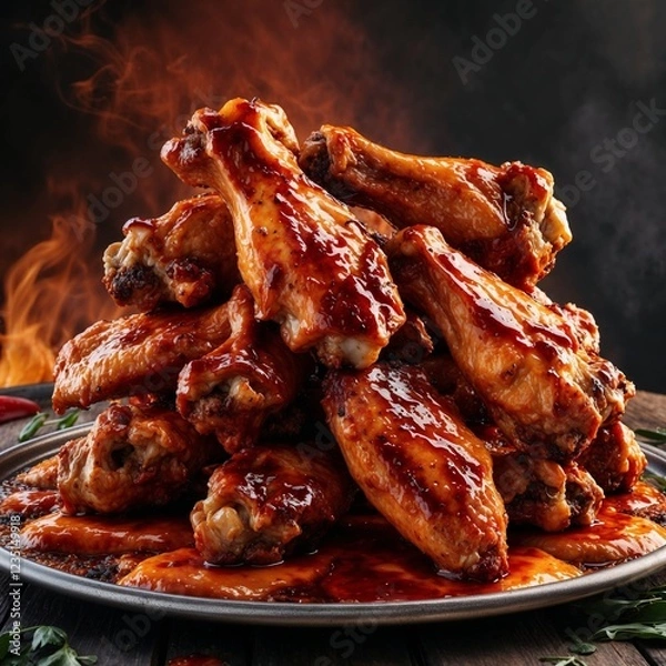 Fototapeta Close-Up of Glazed BBQ Chicken Wings Stacked on a Plate Against a Smoky Background