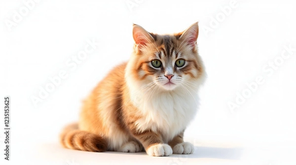 Fototapeta Beautiful fluffy ginger and white cat with green eyes sitting on a white background, looking curious and elegant