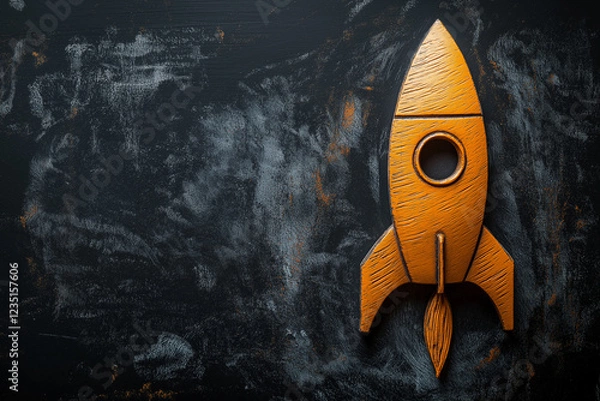 Fototapeta A pencil-drawn rocket taking off on a chalkboard background with copy space for text