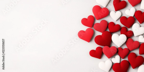 Fototapeta Valentine background, with red fabric heart-shaped decorations, with a soft and warm feel, a space for a text	