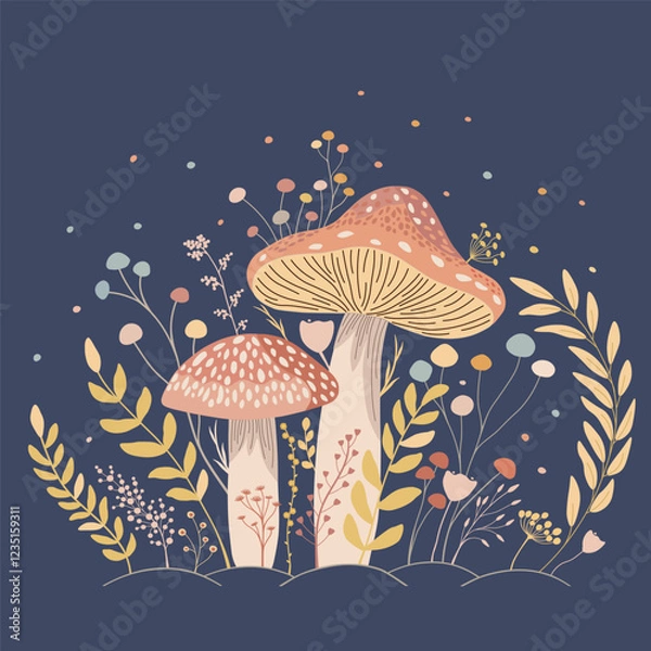 Fototapeta Cute pattern with plants and fungus 