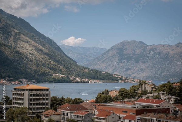 Obraz Kotor city panorama with mountains and traditional buildings. Montenegro. 