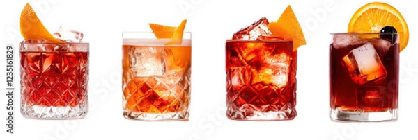 Obraz Variety of negroni cocktails with orange garnish and ice cubes in glasses png