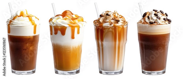 Obraz Variety of iced coffee drinks with whipped cream and caramel topping png