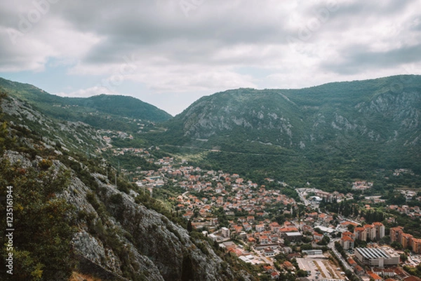 Obraz Kotor city panorama with mountains and traditional buildings. Montenegro. 