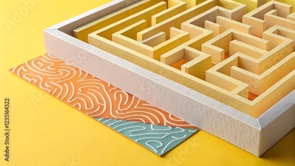 Fototapeta A visually intriguing still life image featuring a 3D maze rendered in a light yellow and off-white color palette