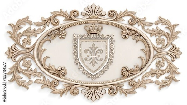 Fototapeta A detailed, close-up shot of an ornate, three-dimensional heraldic design crafted in a light beige or cream color