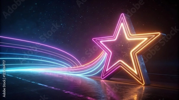 Fototapeta A striking, digitally rendered image featuring a large, five-pointed star outlined in vibrant neon colors