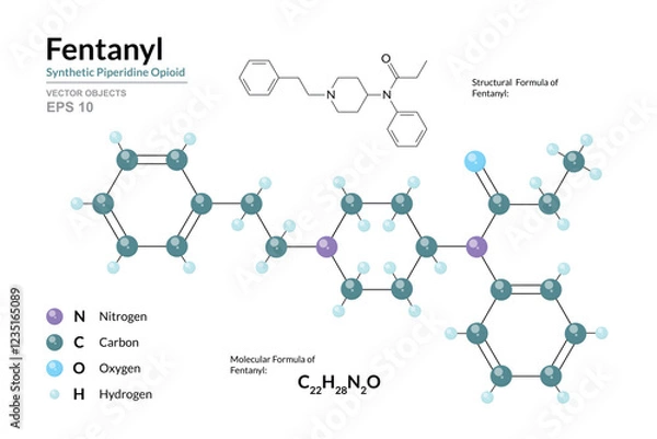 Fototapeta Fentanyl. Structural Chemical Formula and 3d Model of Molecule. C22H28N2O. Atoms with Color Coding. Vector graphic Illustration for educational materials, scientific articles, and presentations