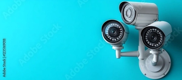 Fototapeta Modern security cameras mounted on a turquoise wall, enhancing surveillance capabilities