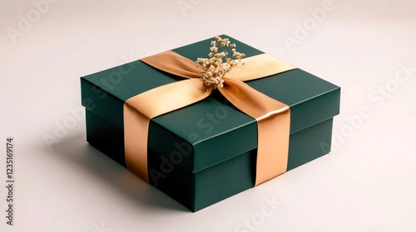 Fototapeta Elegant Green Gift Box beautifully adorned with a Ribbon and a Floral Design, perfect for gifting