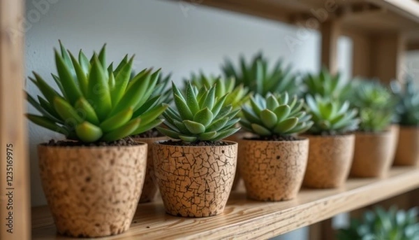 Fototapeta cork planters with green succulents arranged on a wooden shelf