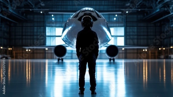 Obraz Silhouette of aerospace engineer standing in front of an airplane on a clear day