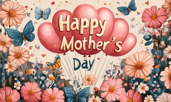 Fototapeta Heart-shaped balloons carrying a happy mother's day message float above a vibrant field of flowers, accompanied by colorful butterflies, creating a cheerful mother's day greeting