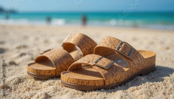 Obraz eco-friendly cork sandals placed on a sandy beach