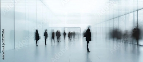 Obraz Blurry silhouettes of people walking through a modern, minimalistic glass corridor