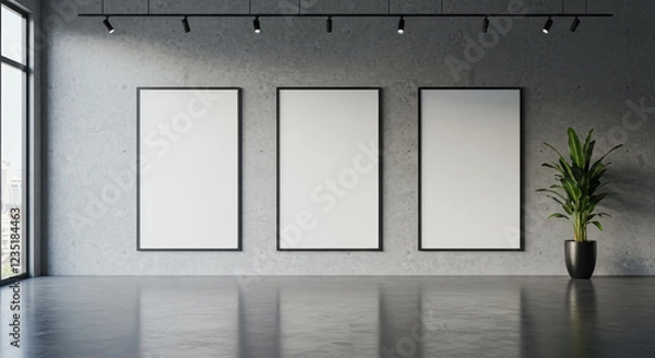 Fototapeta A modern art gallery or minimalist room setup displaying three large vertical blank posters against a concrete wall