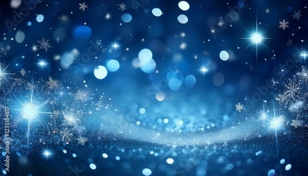 Fototapeta winter christmas and new year glittering snow flakes swirl bokeh background backdrop with glowing blue stars holiday garland magic sparkling stars lights summary glitter blinking sparks