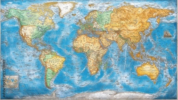 Obraz Detailed world map, showing continents, countries, oceans, and geographic features.  Possible use educational, reference