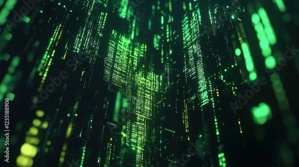 Fototapeta Futuristic Green Data Stream Flowing Through Digital Matrix Tunnel