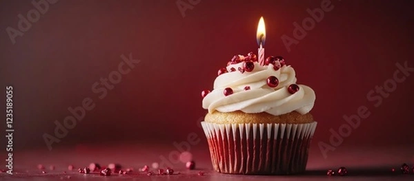 Fototapeta A beautifully decorated cupcake with a lit candle and red sprinkles on a dark background