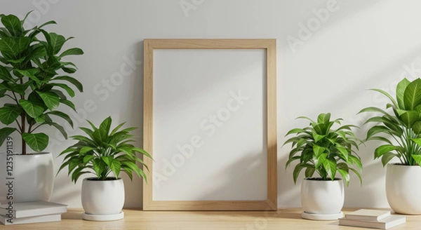 Fototapeta A modern and minimalistic tabletop setup featuring a blank wooden frame surrounded by potted plants with lush green leaves
