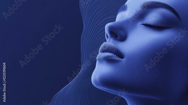 Fototapeta Serene Woman Face Profile with Blue Color Tone and Smooth Skin