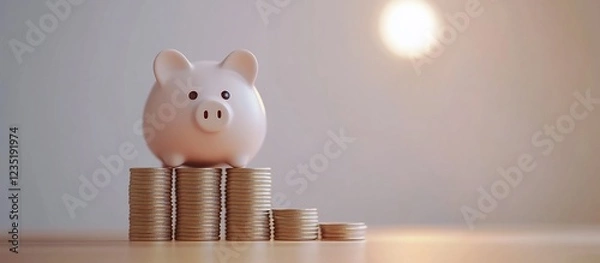 Fototapeta Piggy bank on stacked coins symbolizing savings and financial growth with soft lighting