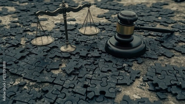 Obraz A gavel and scales of justice rest on a dark, fragmented puzzle background, symbolizing the complexities of law and decision-making.