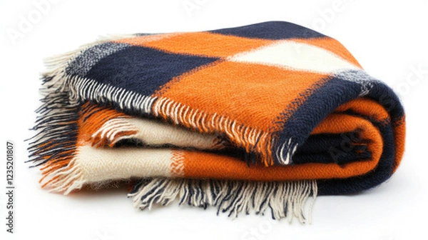 Obraz Cozy Folded Wool Blanket with Orange, Navy, and White Plaid Pattern and Fringed Edges