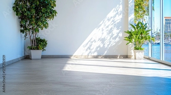 Fototapeta Sunny room, harbor view, plants, empty space, interior design