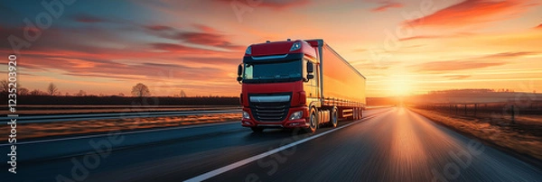 Fototapeta A powerful red truck speeds down an open road at sunset, capturing a spirit of freedom and adventure.